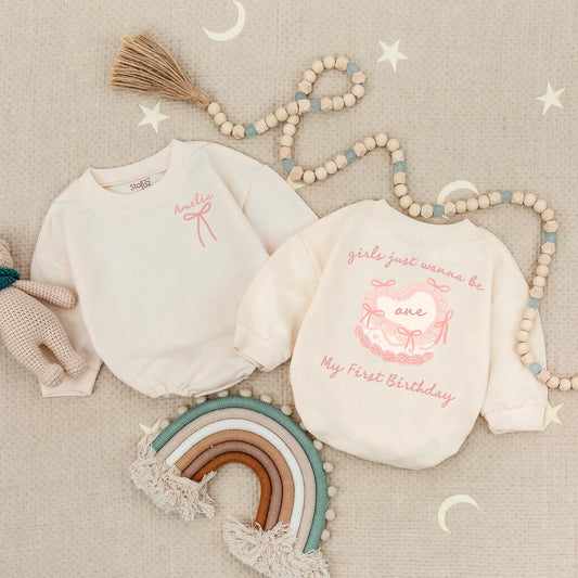 Girls Just Wanna Be One Birthday Romper Sweet Pink Swirls & Bows My First Birthday Bodysuit Adorable 1st Birthday Celebration Outfit