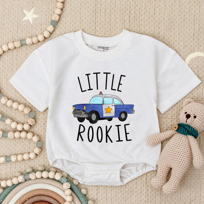 Little Rookie Police Car Baby Romper: Future Law Enforcement, Adorable Policeman Bodysuit for Baby Shower Gift, Comfortable Cotton, Blue & White, Red Siren (139 chars)