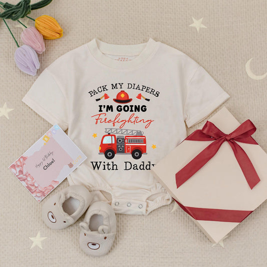 Future Firefighter Baby Romper: Pack My Diapers Firefighting With Daddy! Cute Firetruck Bodysuit, Whimsical Fireman Baby Shower Gift, Newborn Outfit, Red 