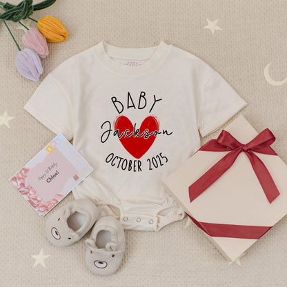 Personalized Baby Announcement Romper Expecting Parents Gift Name Due Date Heart Design Modern Reveal Bodysuit October