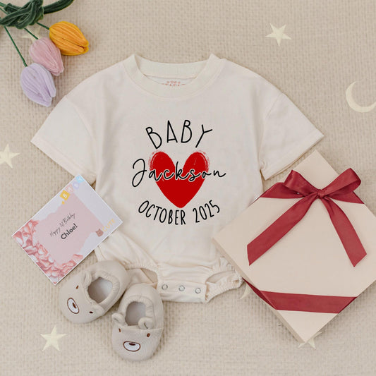 Personalized Baby Announcement Romper Expecting Parents Gift Name Due Date Heart Design Modern Reveal Bodysuit October