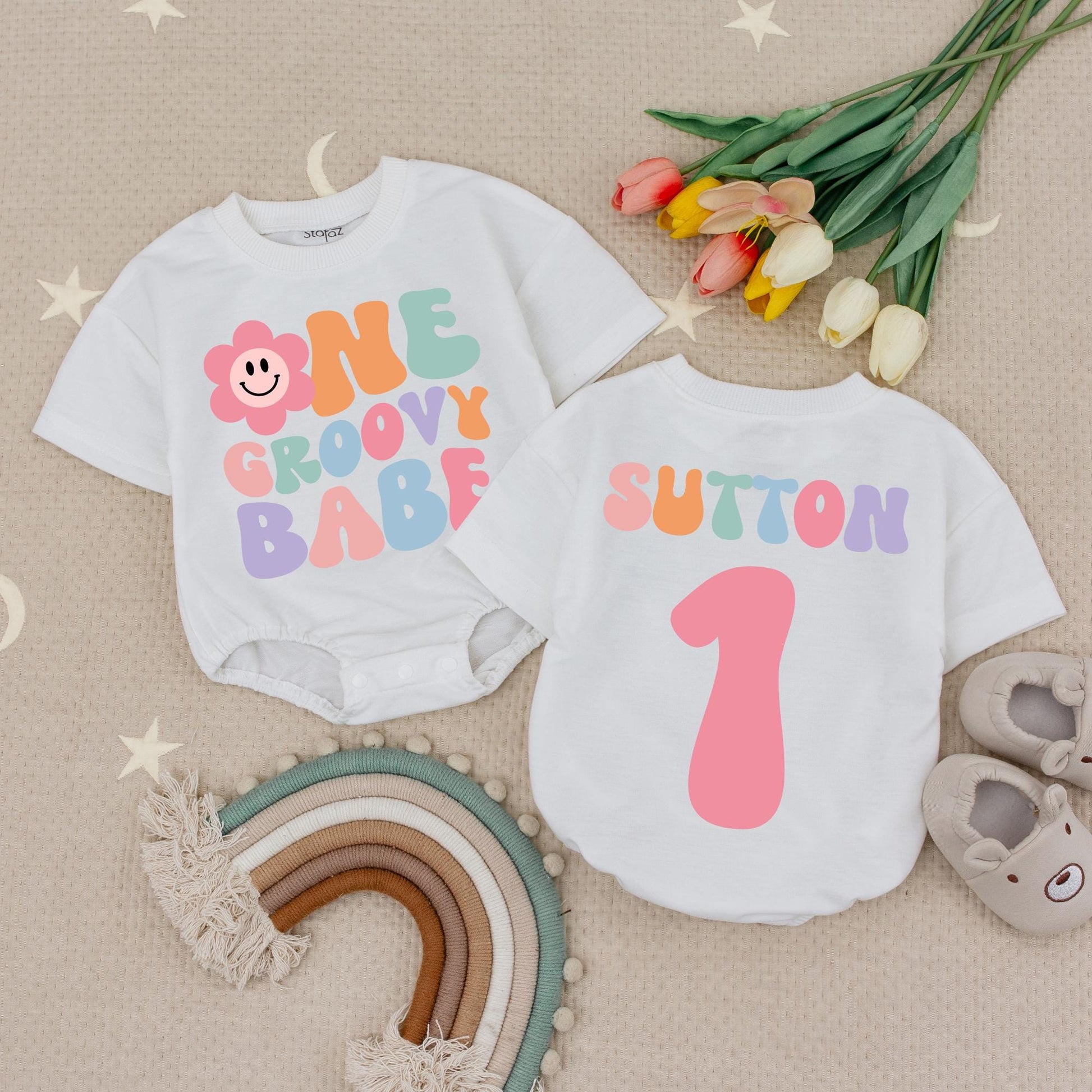Custom Groovy Babe Floral Smiley 1st Birthday Romper Baby Girl Outfit Retro Pink Lavender Green