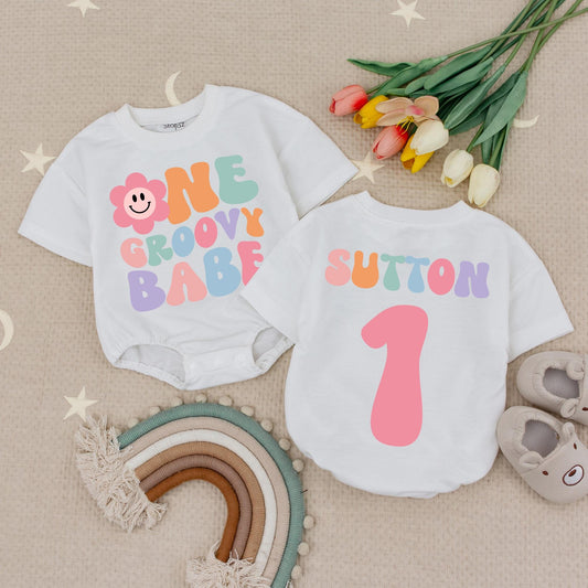 Custom Groovy Babe Floral Smiley 1st Birthday Romper Baby Girl Outfit Retro Pink Lavender Green