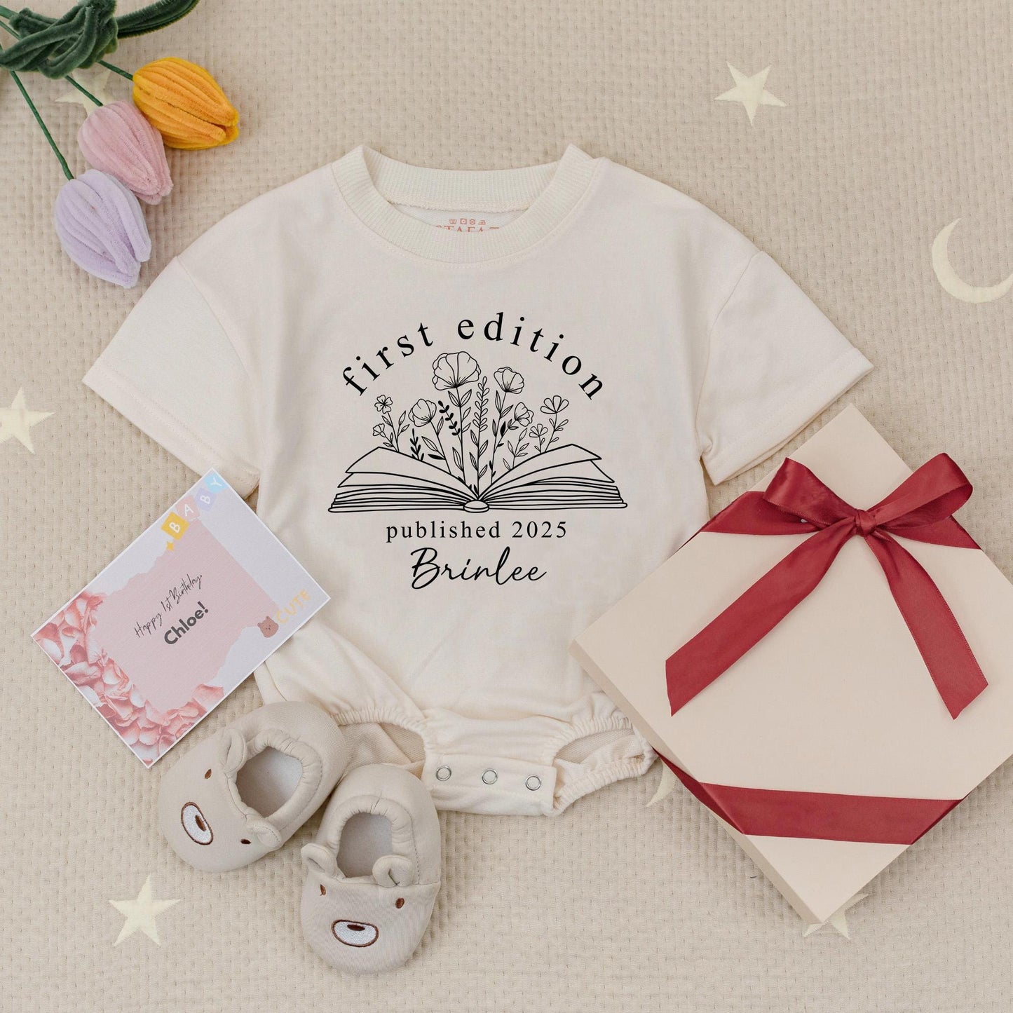 Personalized First Edition Baby Romper with Name, Published 2025 Botanical Book Art Newborn Bodysuit Librarian Baby Gift Idea