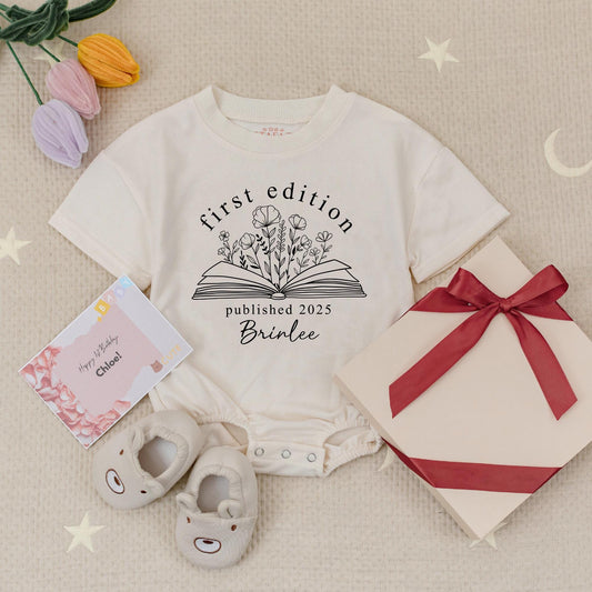 Personalized First Edition Baby Romper with Name, Published 2025 Botanical Book Art Newborn Bodysuit Librarian Baby Gift Idea