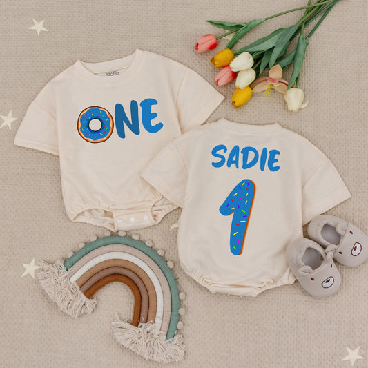 Custom Blue Sprinkled Donut 'ONE' Romper Personalized First Birthday Baby Outfit Toddler Boy Girl Donut Party Gift