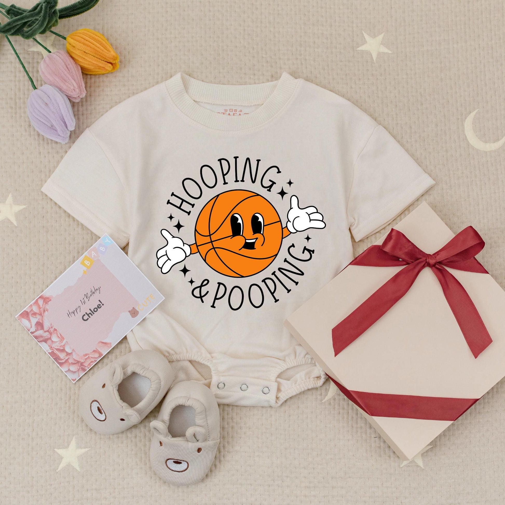 Funny Hooping & Pooping Basketball Baby Romper Cute Vintage Cartoon Style Natural Cotton Baby Shower Gift for Sports Fans