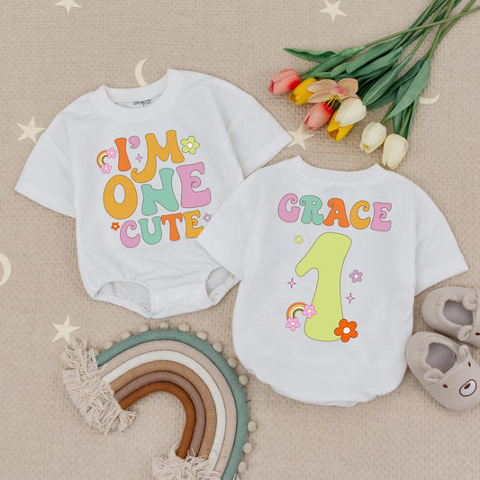Groovy 1st Birthday Girl Romper I'm One Cute Retro Outfit Baby Babysuit One Year Old First Birthday Party Clothes, Rainbows & Flowers