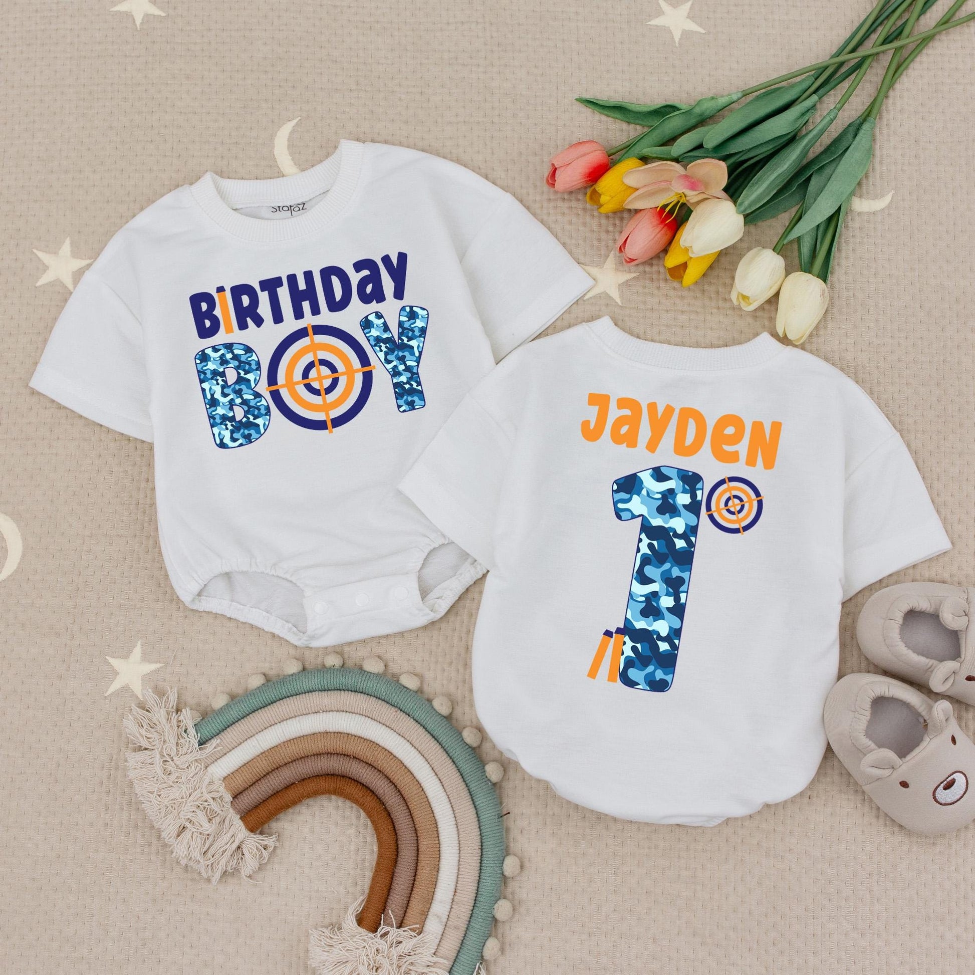 Personalized Birthday Boy Dart Gun Romper, Custom Name 1st Birthday Outfit, Blue Camo Target First Birthday Babysuit, Soft Cotton, Fun Party 135 chars