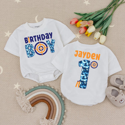 Personalized Birthday Boy Dart Gun Romper, Custom Name 1st Birthday Outfit, Blue Camo Target First Birthday Babysuit, Soft Cotton, Fun Party 135 chars