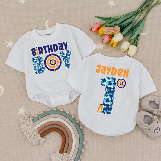 Personalized Birthday Boy Dart Gun Romper, Custom Name 1st Birthday Outfit, Blue Camo Target First Birthday Babysuit, Soft Cotton, Fun Party 135 chars