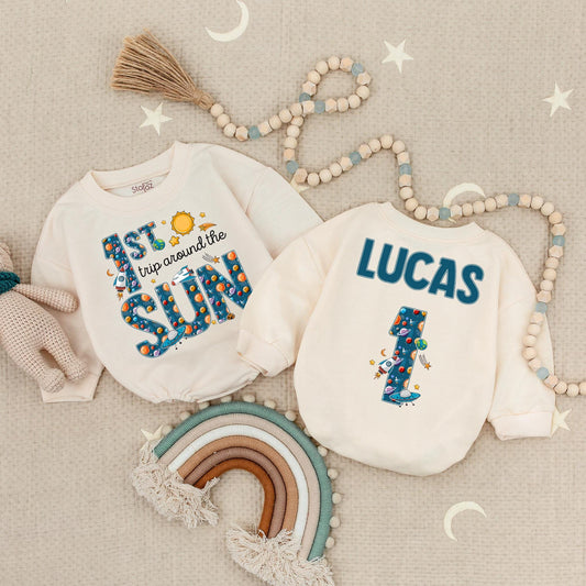 Outer Space "1ST Trip Around The SUN" Baby Romper, Lucas 1st Birthday Blast Off Party Suit, Planets Stars Spaceships Fun