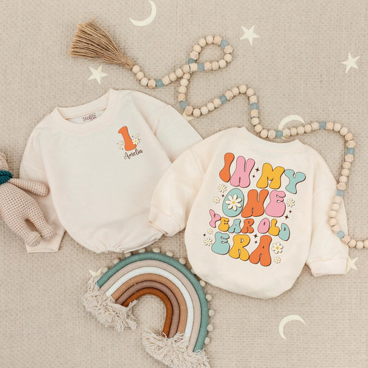 Personalized In My One Year Old Era Birthday Baby Romper Rainbow Floral Design First Birthday Outfit Amelia
