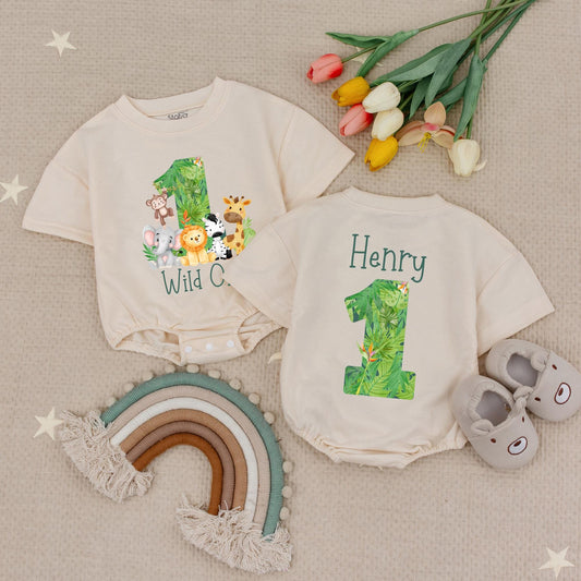 Wild One First Birthday Baby Romper, Personalized Name & Age Zoo Safari Outfit, Boy's 1st Birthday Babysuit, Green Leaf Design