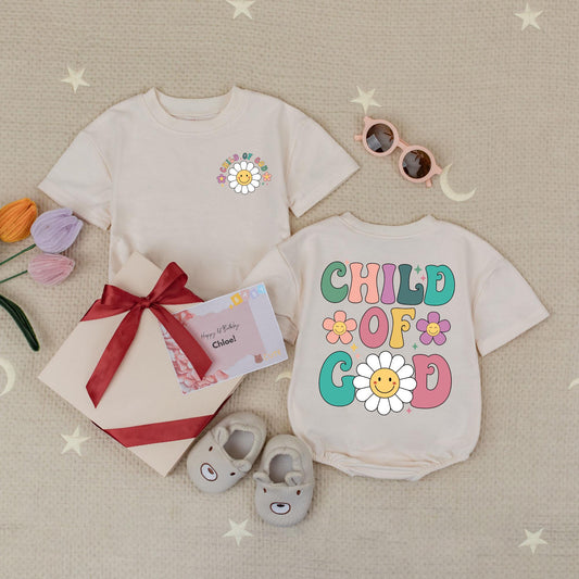 Child Of God Christian Baby Romper with Retro Pastel Floral Smiley Face Design, a Faith Biblical Religious Infant Creeper or Chosen Newborn Babysuit Gift.