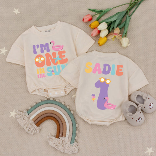 Personalized Sadie "One in the Sun" 1st Birthday Romper Girl Tropical Flamingo Pool Party Outfit Summer