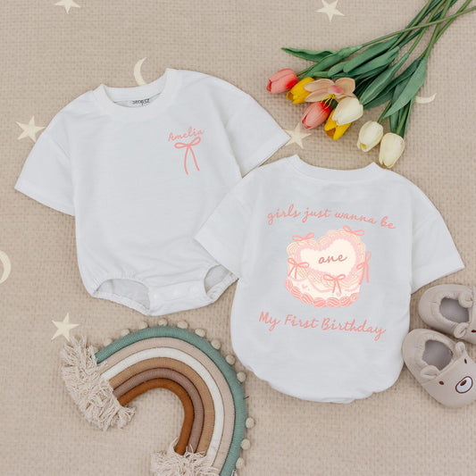 Amelia's First Birthday Romper: Sweet Pink Bow Cake Bodysuit for One Year Old Baby Girl Party Outfit Girls Just Wanna Be One Ribbon Outfit (137 chars)