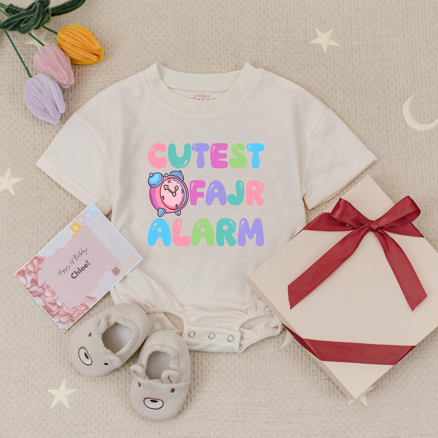 Cutest Fajr Alarm Muslim Kids Baby Romper Toddler Faith Outfit with Playful Pastel Design & Cartoon Clock Perfect Islamic Holy Month Gift