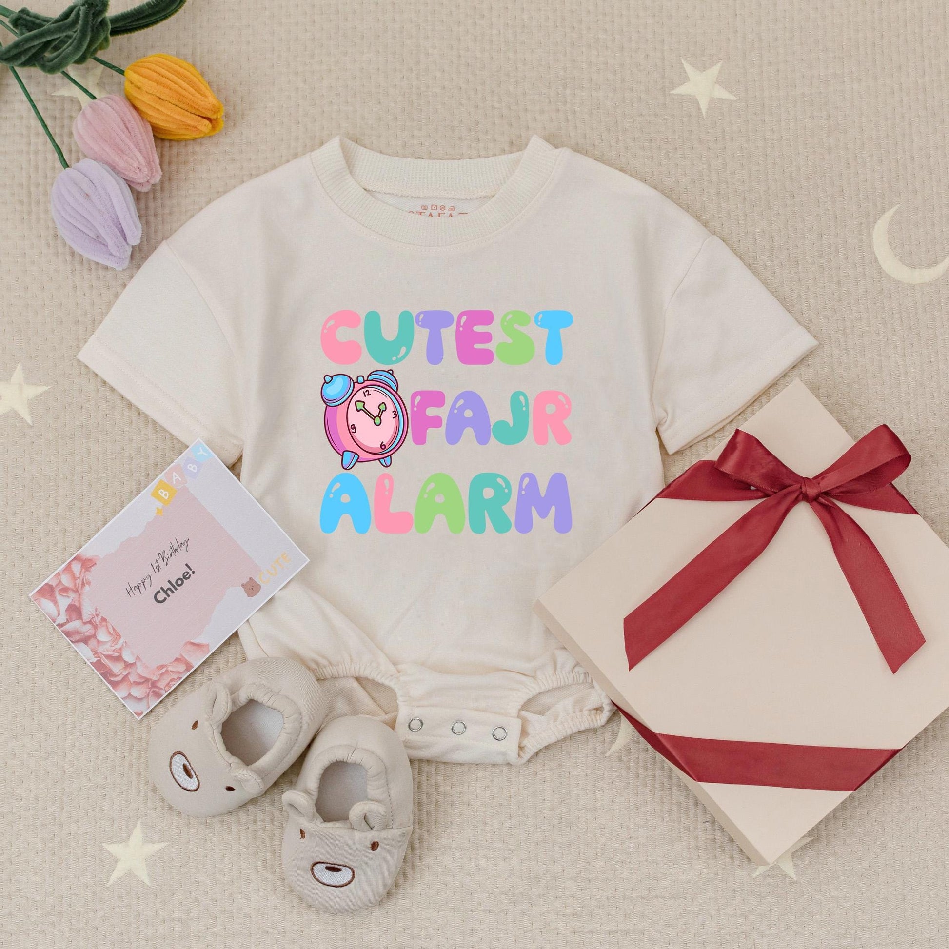 Cutest Fajr Alarm Muslim Kids Baby Romper Toddler Faith Outfit with Playful Pastel Design & Cartoon Clock Perfect Islamic Holy Month Gift