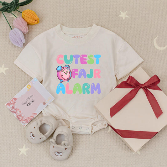 Cutest Fajr Alarm Muslim Kids Baby Romper Toddler Faith Outfit with Playful Pastel Design & Cartoon Clock Perfect Islamic Holy Month Gift