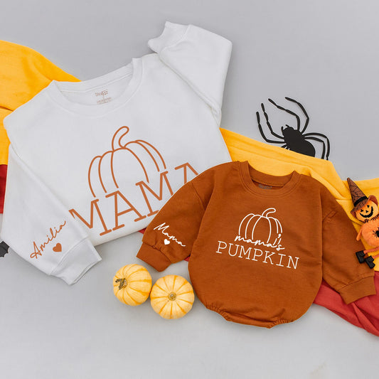 Matching Mama and Mama's Pumpkin Sweatshirt Baby Girl Romper Mom Baby Happy Fall Autumn Thanksgiving Outfit First Halloween Party