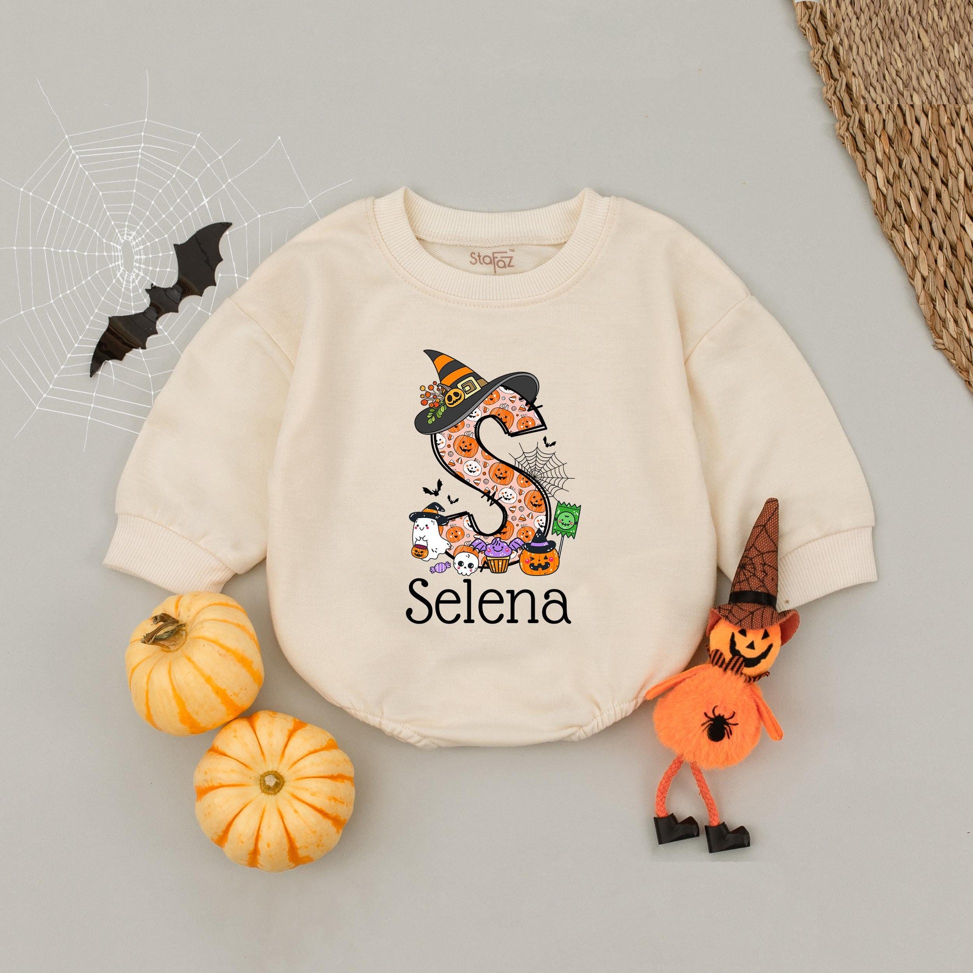 Custom 'Selena' Halloween Baby Romper with Witch Hat & Pumpkin Monogram Cute First Halloween Outfit for Newborns