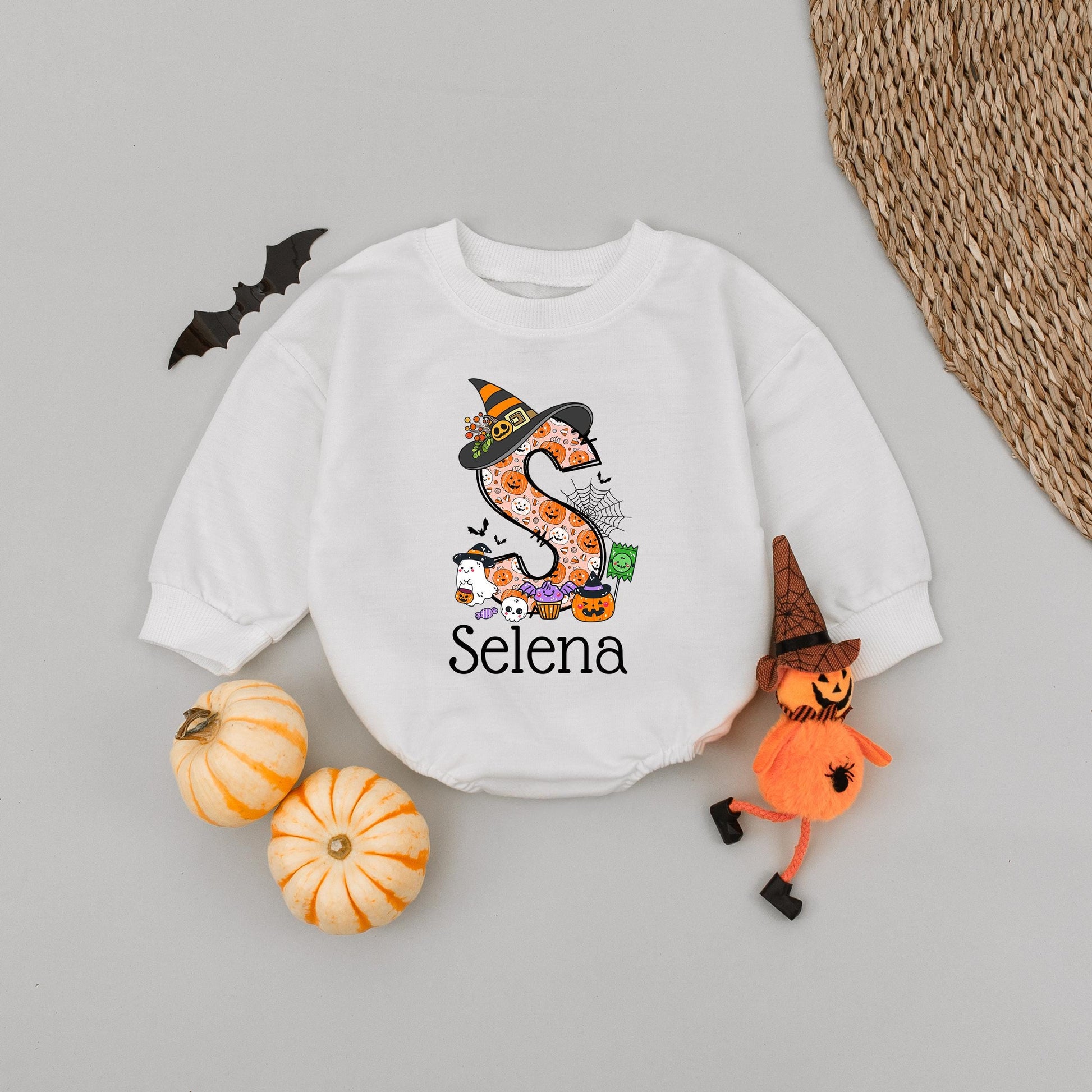 Custom 'Selena' Halloween Baby Romper with Witch Hat & Pumpkin Monogram Cute First Halloween Outfit for Newborns