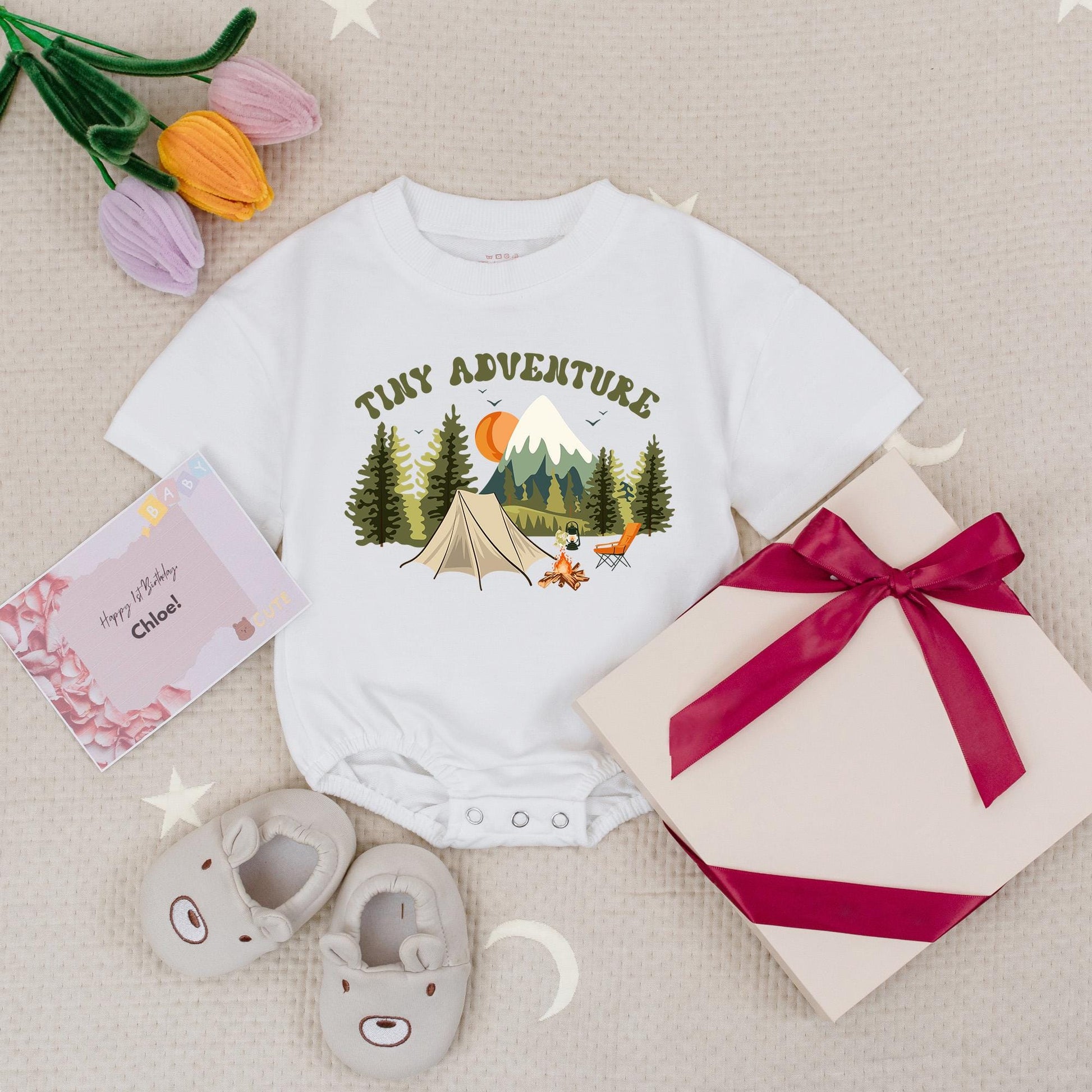 Tiny Adventure Baby Romper, Camping Scene Infant Bodysuit, Little Hiker Babysuit, Nature Explorer, Soft Cotton, Playful Forest Design, Outdoorsy Baby Gift