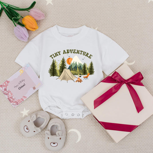 Tiny Adventure Baby Romper, Camping Scene Infant Bodysuit, Little Hiker Babysuit, Nature Explorer, Soft Cotton, Playful Forest Design, Outdoorsy Baby Gift