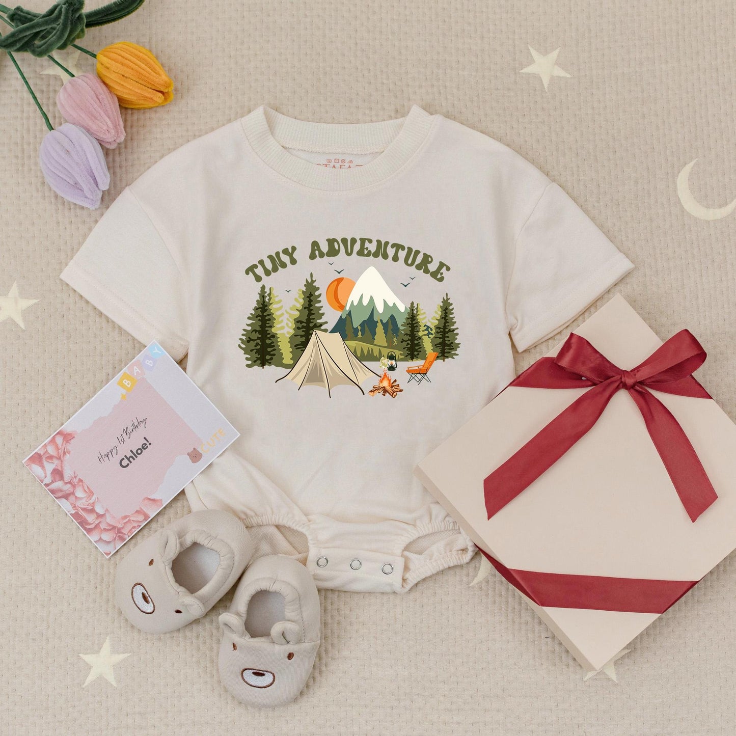 Tiny Adventure Baby Romper, Camping Scene Infant Bodysuit, Little Hiker Babysuit, Nature Explorer, Soft Cotton, Playful Forest Design, Outdoorsy Baby Gift