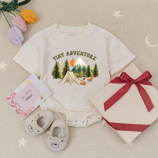 Tiny Adventure Baby Romper, Camping Scene Infant Bodysuit, Little Hiker Babysuit, Nature Explorer, Soft Cotton, Playful Forest Design, Outdoorsy Baby Gift