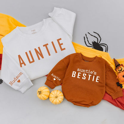 Personalized Auntie and Bestie Fall Matching Family Sweatshirts Autumn Pumpkin Patch Mom and Me Kids Outfits Cozy Thanksgiving Attire
