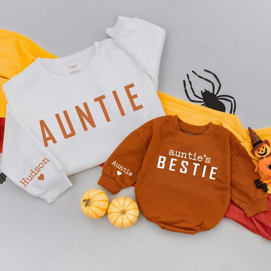 Personalized Auntie and Bestie Fall Matching Family Sweatshirts Autumn Pumpkin Patch Mom and Me Kids Outfits Cozy Thanksgiving Attire