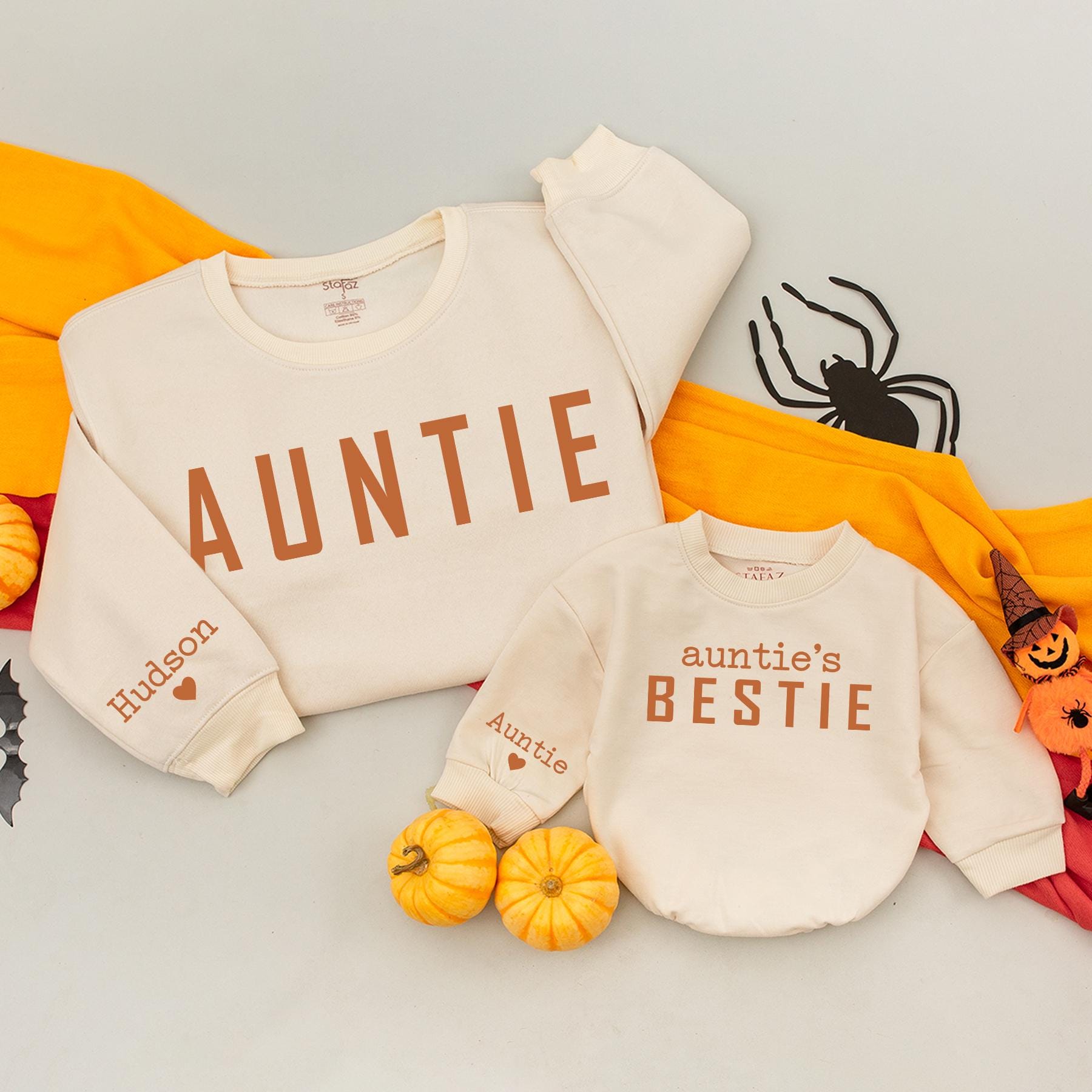Personalized Auntie and Bestie Fall Matching Family Sweatshirts Autumn Pumpkin Patch Mom and Me Kids Outfits Cozy Thanksgiving Attire