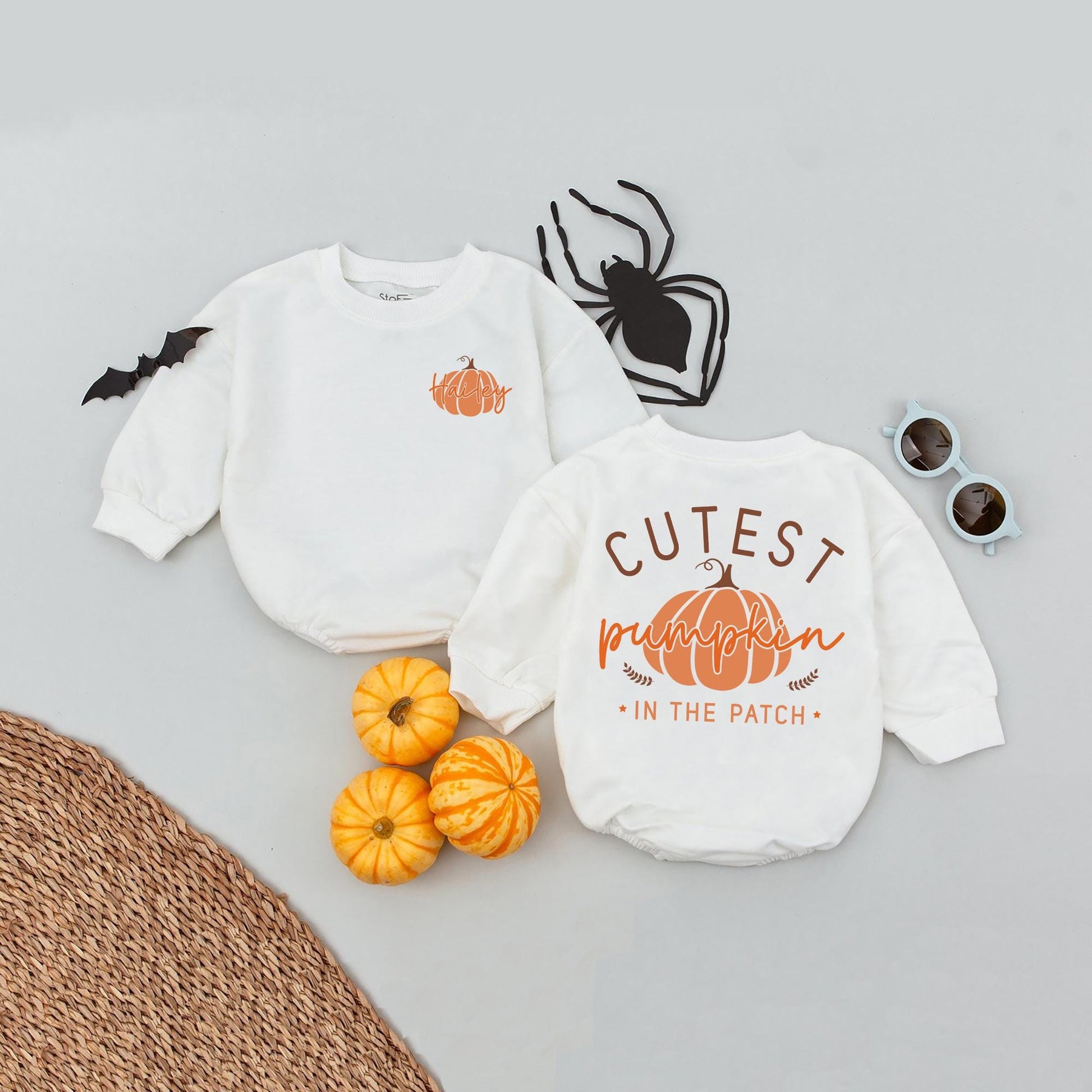 Personalized Pumpkin Patch Romper Set, Cutest Thanksgiving Outfit, Baby's First Halloween Bodysuit, Autumn Infant Clothes,  Name & Pumpkin Graphic (139 chars)