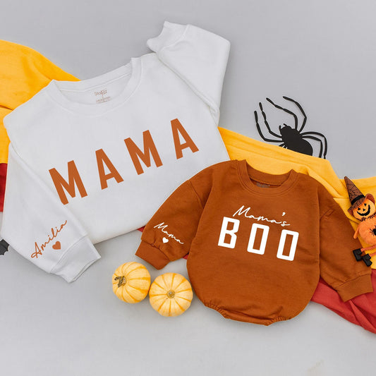 Mama and Mama's Boo Matching Fall Sweatshirt & Baby Girl Pumpkin Romper Cozy Family Autumn Outfits Baby Shower Gift
