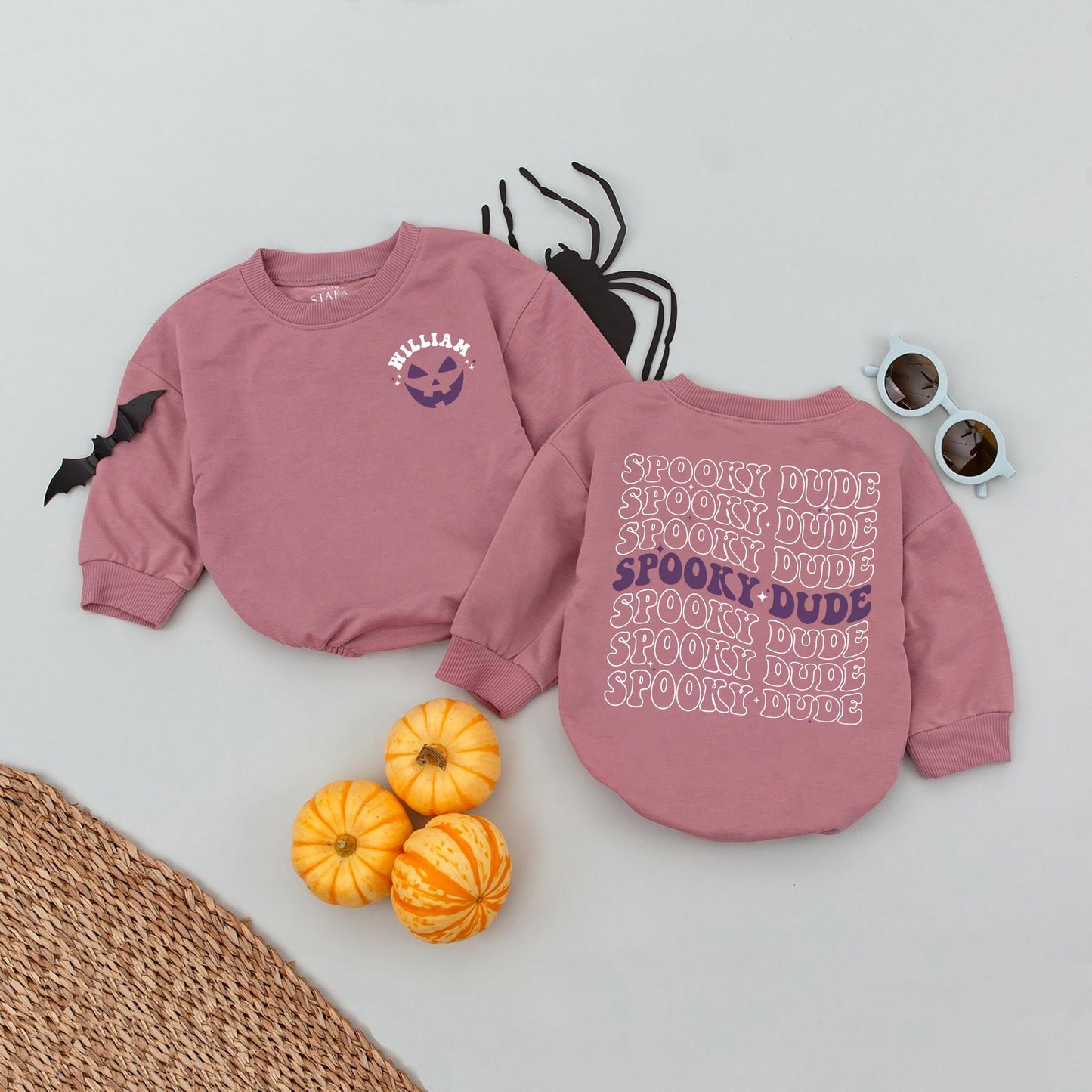 Personalized WILLIAM Spooky Dude Baby Romper Halloween Orange Stars Pumpkin Face Baby Boy Girl Fall Autumn Spooky Season Clothes