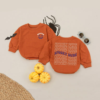 Personalized WILLIAM Spooky Dude Baby Romper Halloween Orange Stars Pumpkin Face Baby Boy Girl Fall Autumn Spooky Season Clothes