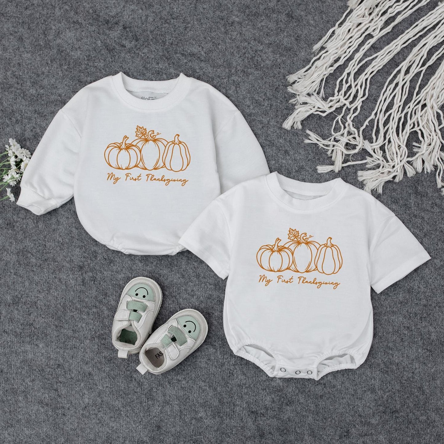 My First Thanksgiving Baby Outfit Romper for Boy or Girl Pumpkin Clothes, soft comfy infant wear for a sweet coming home or holiday gift.