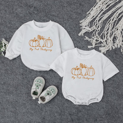 My First Thanksgiving Baby Outfit Romper for Boy or Girl Pumpkin Clothes, soft comfy infant wear for a sweet coming home or holiday gift.