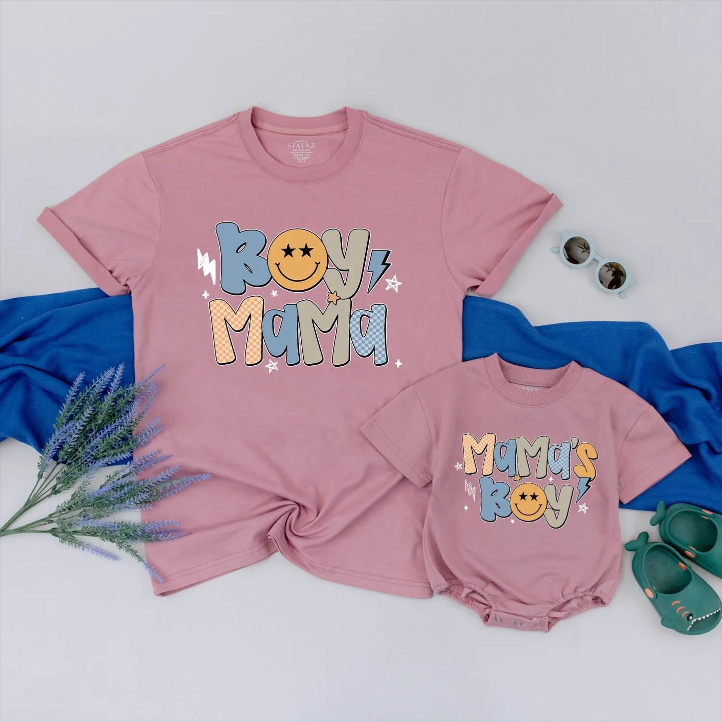 Retro Boy Mama & Mama's Boy Matching Outfits Pastel Stars & Smiley Face Family Gift for Mom and Son