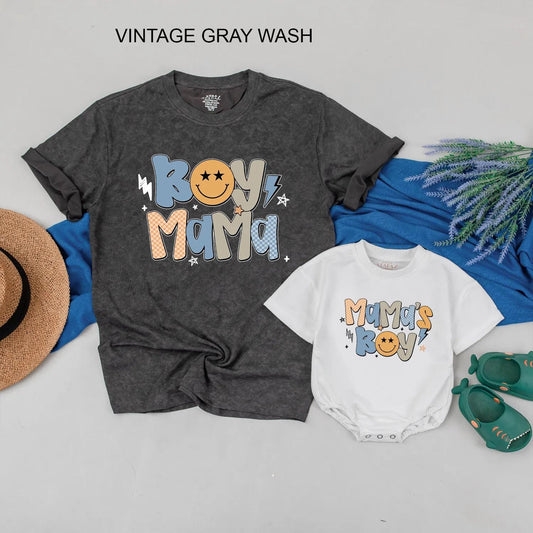 Retro Boy Mama & Mama's Boy Matching Outfits Pastel Stars & Smiley Face Family Gift for Mom and Son