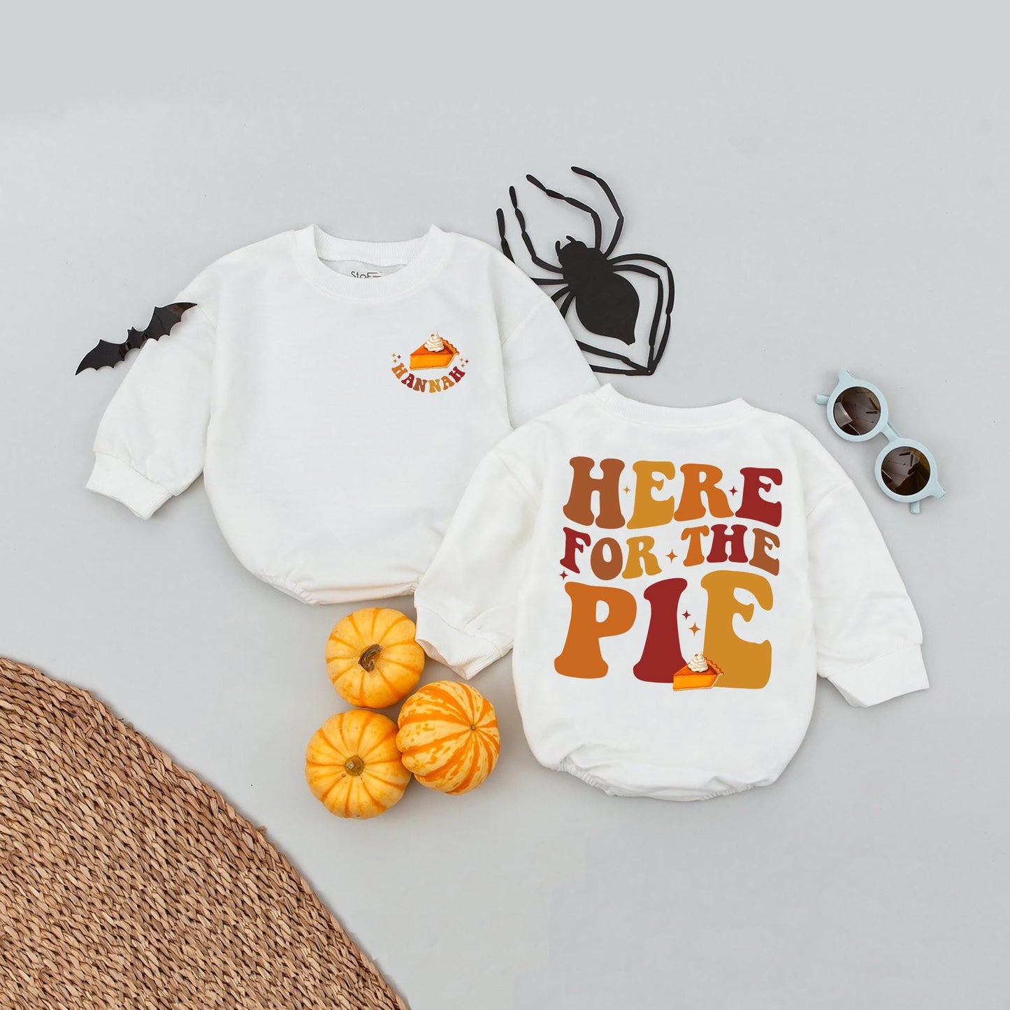 Personalized Retro Thanksgiving Baby Romper Name Pie Graphic Autumn Vibes Vintage Fall Outfit Soft Cotton Infant Toddler Apparel Warm Hues