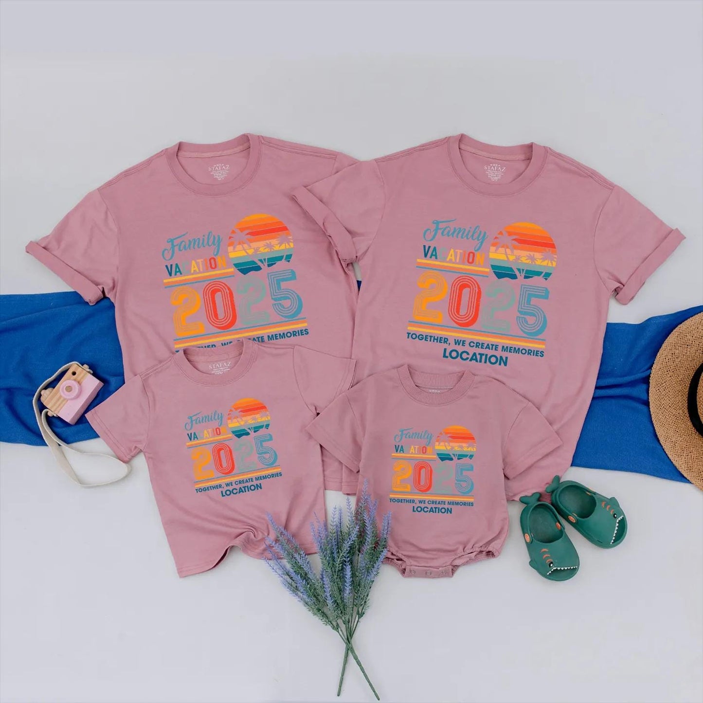 Family Vacation 2025 Matching Shirts: Retro Sunset Trip Outfits for Mom, Dad & Kids, Personalized Location, Together We Create Memories, Beachy Vibes (140)