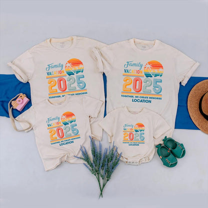 Family Vacation 2025 Matching Shirts: Retro Sunset Trip Outfits for Mom, Dad & Kids, Personalized Location, Together We Create Memories, Beachy Vibes (140)