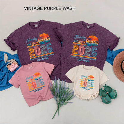 Family Vacation 2025 Matching Shirts: Retro Sunset Trip Outfits for Mom, Dad & Kids, Personalized Location, Together We Create Memories, Beachy Vibes (140)