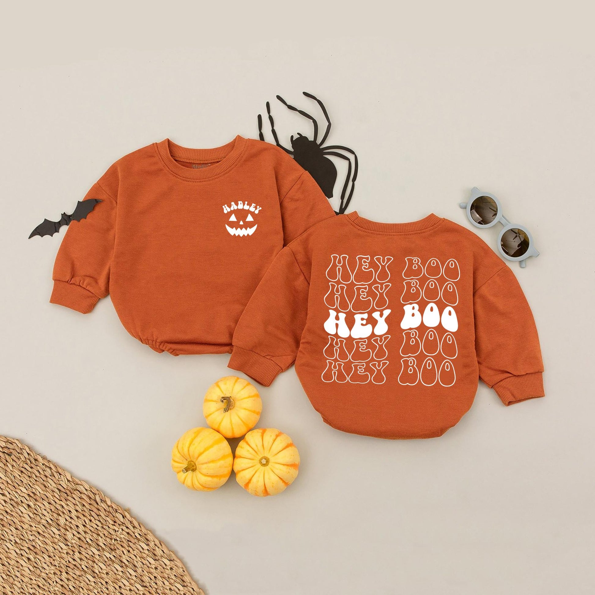Personalized Hadley Hey Boo Halloween Baby Romper Cute Orange Purple Pumpkin Fall Toddler Shirt First Holiday Outfit
