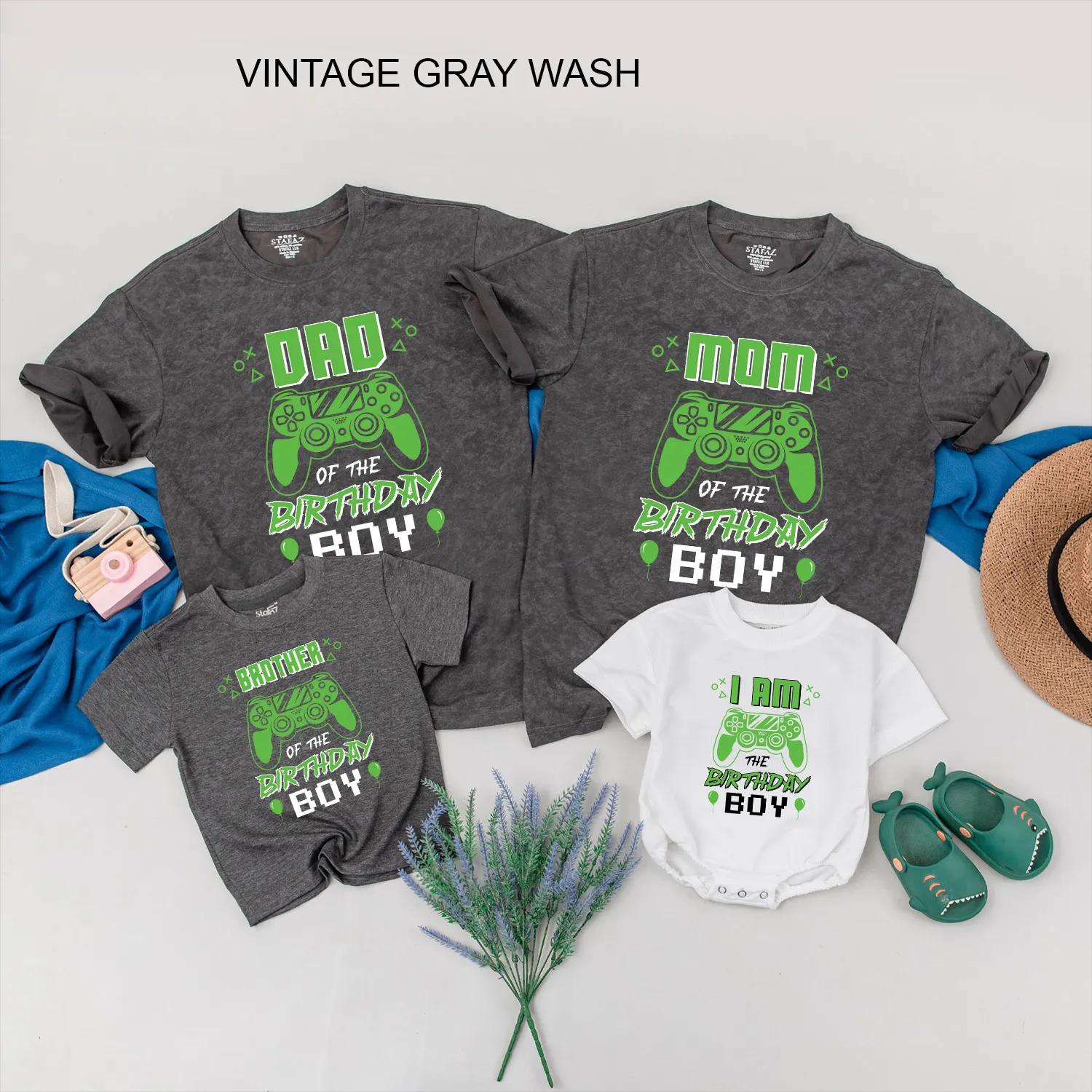 Matching Custom Gamer Family Birthday Shirts featuring Gaming Controller & Neon Text, Fun Retro Design for Video Game Party Boy Celebration