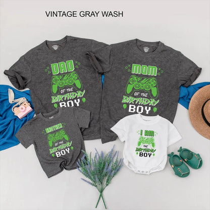Matching Custom Gamer Family Birthday Shirts featuring Gaming Controller & Neon Text, Fun Retro Design for Video Game Party Boy Celebration