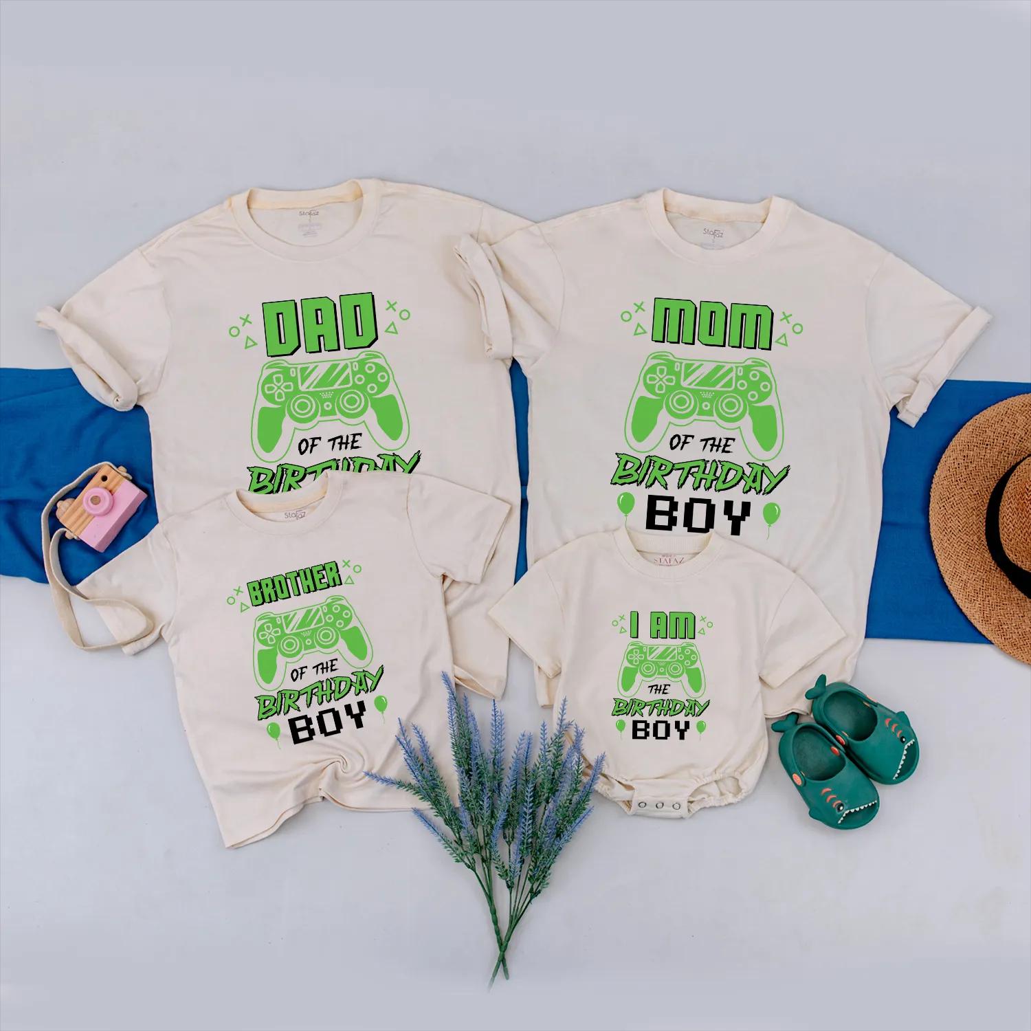 Matching Custom Gamer Family Birthday Shirts featuring Gaming Controller & Neon Text, Fun Retro Design for Video Game Party Boy Celebration